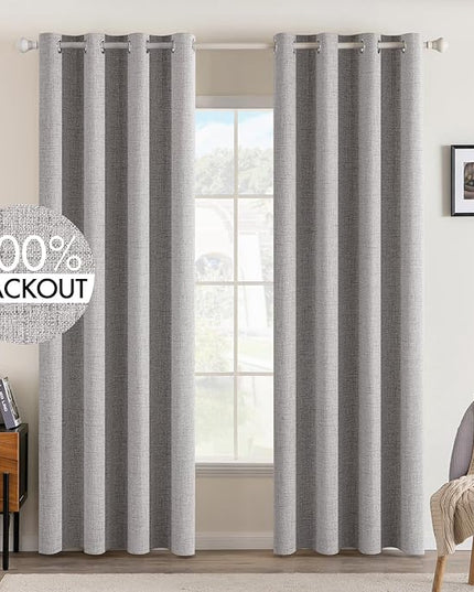 MIULEE Linen Texture Curtains for Bedroom Solid 100% Blackout Thermal Insulated Greyish White Curtains Grommet Room Darkening Drapes for Living Room Nursery 52x84 Inch (2 Panels)