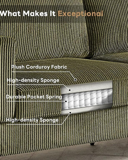 Tbfit 85" Corduroy Couch for Living Room, 3 Seater Mid Century Modern Sofa with Spring Cusions & Extra Deep Seat for Bedroom, Small Comfy Upholstered Couches Easy Assembly with Solid Wood Legs, Green