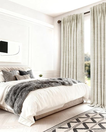 HESTIA 100% Blackout Natural Linen Curtains for Bedroom 90 Inches Long 2 Panels Set Noise Reducing Room Darkening Window Curtain for Living Room Back Tab Farmhouse Drapes (52 x 90 Inch)
