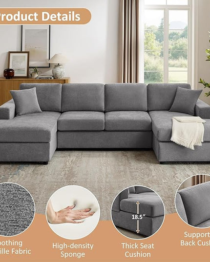 VANOMi 118'' U Shaped Sectional Sofa, 4 Seat Modern Sectional Couch, Double Chaise Longue, Cozy Chenille Sofa Couches for Living Room Apartment, Grey