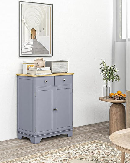 HOMCOM Sideboard with Solid Wood Countertop, Modern Kitchen Storage Cabinet, Coffee Bar Cabinet with 2 Drawers, Doors and Adjustable Shelf, Gray