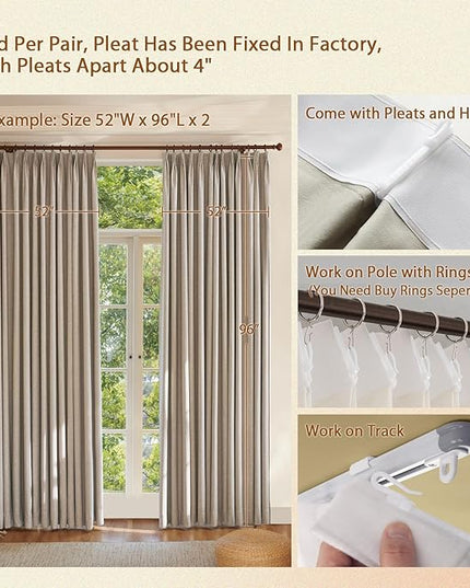 Textured Linen Double Pleated 100% Blackout Curtains for Bedroom/Living Room Blackout Curtains 96 Inches Long, Energy Saving Window Treatment Curtains,84Wx96Lx2,Sand Beige