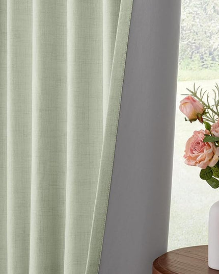 INOVADAY 100% Blackout Curtains for Bedroom, Black Out Curtains 96 Inch Long, Clip Rings Linen Blackout Drapes, Thermal Insulated Room Darkening for Living Room, 2 Panels - Sage,W50xL96