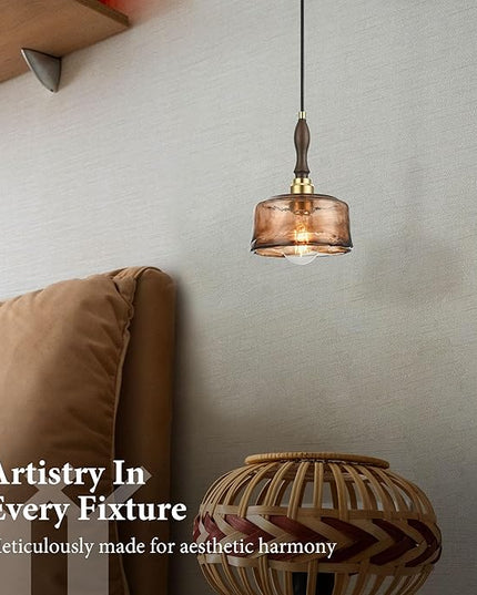 Modern Amber Glass Pendant Light, 6.7"x9.2" Round Hanging Fixture with Golden Wood Accent & Brass Cap, 15"-72" Adjustable Line, E26 Socket – Golden Amber Circle