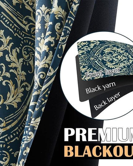 jinchan Blackout Curtains for Bedroom, Blue Damask Patterned Curtains 84 Inch Length for Living Room, Vintage Medallion Art Deco Drapes, Thermal Insulated Grommet Window Treatments, 2 Panels Blue