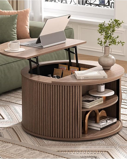 Round Coffee Table with Storage, 31.5" Drum Coffee Table with Lifting Top, Small Fluted Accent Center Table for Living Room, Walnut