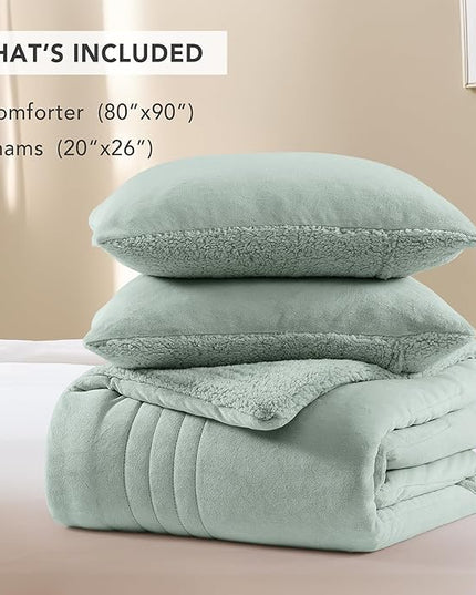 Monbix Fluffy Full Comforter Set Sage Green, Sherpa Plush Fuzzy Comforter 3 Piece for Full Size Bed, Luxury Soft Winter Warm Bedding Set