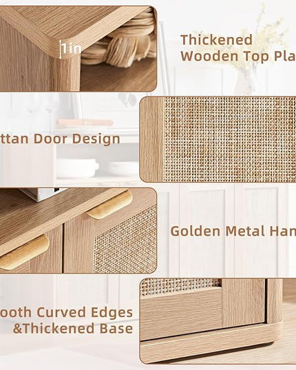 LEYAOYAO Rattan Sideboard Buffet Cabinet,55" Coffee Bar Cabinet with 4 Doors & Open Storage Shelf,Modern Credenza Console Table for Living Room Rattan Farmhouse Entryway Natural
