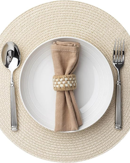 Round Placemats Set of 6 Plastic Woven Placemats Washable Wipeable Table Mats for Dining Table Heat Resistant Non-Slip Circle Place Mats (Beige)