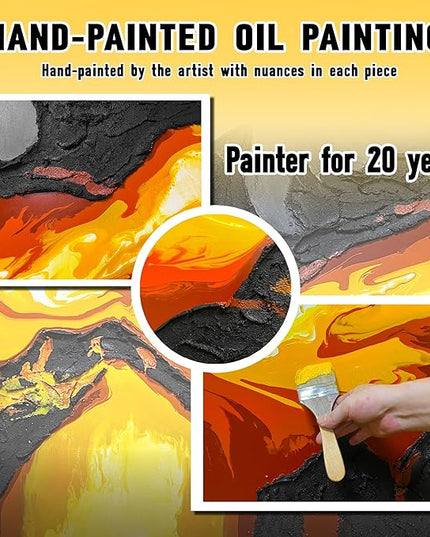 GUGIKA Extra Large Abstract Wall Art for Living Room, Hand Painted 3D Textured Magma Paintings, Black and Gold Yellow Volcanic Lava Canvas Wall-Decor for Bedroom, Size 80x40 Inches