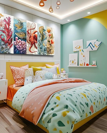 XIGUANGART Bathroom Canvas Wall Art Large Wall Decor for Living Room Bedroom Undersea Pictures Watercolor Octopus Coral Reef Colorful Marine Animals Painting Farmhouse Modern Framed Home Decorations