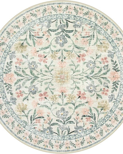 Wonnitar Floral Round Rugs 6ft, Boho Large Machine Washable Circle Rug, Low Pile Soft Flower Botanical Print Beige Round Carpet for Living Room Bedroom Dorm Sunroom