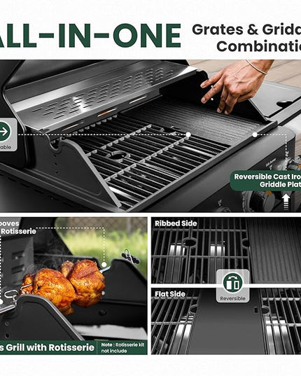 2 in 1 Propane Gas BBQ Grill with Side Burner & Porcelain-Enameled Cast Iron Grate, 4-Burner Flat Top Griddle, 46,700 BTU Outdoor Barbecue Propane Griddle Grill Combo for Camping, Patio, Backyard