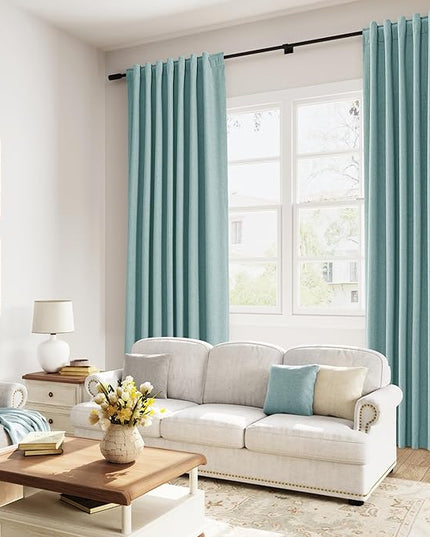 Guken 100% Blackout Linen Curtains 108 Inch Length 2 Panels Set for Living Room Bedroom Back Tab Thermal Insulated Black Out Linen Drapes Room Darkening Window Curtains,Light Blue