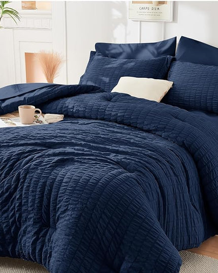 HYMOKEGE Navy Blue California King Comforter Set Seersucker 7 Pieces, All Season Luxury Bed in a Bag for Bedroom, Bedding Set with Comforters, Sheets, Pillowcases & Shams