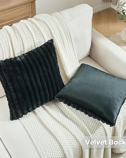 FUTEI Black Throw Pillow Covers Set of 2, 28x28 Inch Striped Texture Euro Pillow Shams with Soft Faux Rabbit Fur Front & Velvet Back, Modern Decorative Couch Pillows for Living Room