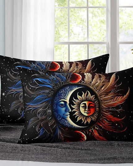 AILONEN Sun and Moon Comforter Set Queen Size, Blue and Red Feather Sun and Moon Bedding Set for Room Decor,Black Sky Starry Print Comforter with 2 Pillowcases,3 Pieces