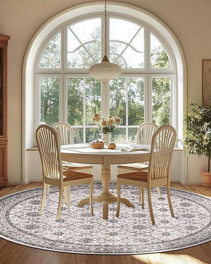 jinchan Round Rug 8ft Washable Circle Soft Rug - Low Pile Vintage 8'Round Indoor Beige Floral Print Stain Resistant Boho Carpet Ultra-Thin Non-Slip for Living Room Bedroom Dining Room Kitchen