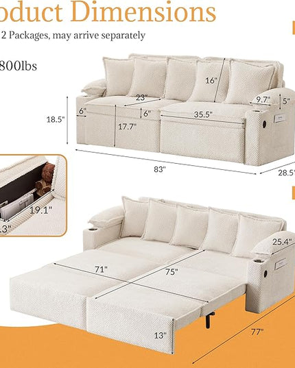SUNWAVE 83" King Size Pull Out Sofa Bed, 4-in-1 Convertible Sleeper Sofa Bed with USB Ports, Cup Holders, Side Pockets, Corduroy Oversized Loveseat Chaise Lounge for Living Room, Small Space (White)