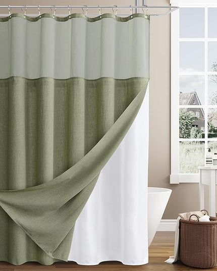 Naturoom Long Shower Curtain with Liner 78 Length Sage Green Linen Shower Curtain and Liner Set Heavy Duty Textured Burlap Cloth Double Bath Curtains with Mesh Top Window Country Style Decor 72x78