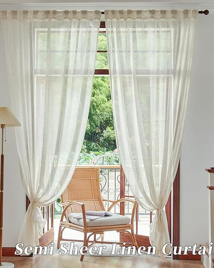 Natural Beige Linen Sheer Curtains 84 Inch Length for Living Room 2 Panels Cream Back Tab Pocket Drapes Neutral Country Rustic Farmhouse Light Filtering Semi Sheer Curtains for Bedroom Ivory 42x84