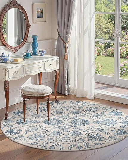 jinchan Torino Classic Floral Round Rug 4ft, Vintage-Inspired Design 4’Circle Rug, Machine Washable Ultra-Thin Low-Pile Non-Slip Indoor Carpet for Bedroom Dining Room Living Room Entryway Dark Blue