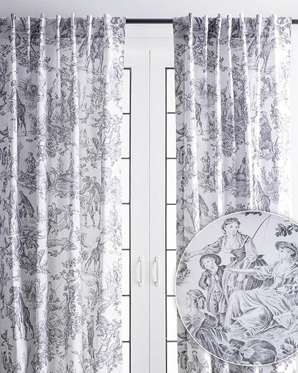 Maison d' Hermine Curtains for Living Room 100% Cotton 108 inch Length Two Panels Light Filtering Toile Curtains with Rod and Loop Pockets (The Miller Paloma Gray (White Background), 50" W x 108" L)