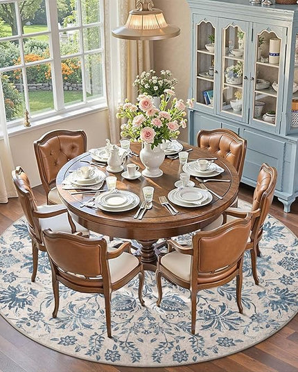 jinchan Torino Classic Floral Round Rug 8ft, Vintage-Inspired Design 8’Circle Rug, Machine Washable Ultra-Thin Low-Pile Non-Slip Indoor Carpet for Bedroom Dining Room Living Room, Dark Blue