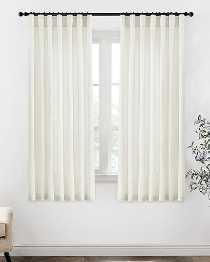 XTMYI 63 Inch Length Linen Sheer Curtains for Bedroom 2 Panels Back Tab Hooks Pleat Rod Pocket Light Filtering Semi Transparent Opaque Drapes for Living Room Bathroom Window,50x63 in Long,Cream Beige