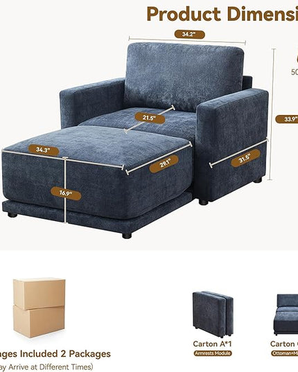 44.2" Chenille Oversized Chair with Movable Ottoman, Modular 1 Seat Couch with Thickened Cushions, Modern Single Sofa Chaise Lounge Reading Chair for Living Room, Small Apartment, Blue