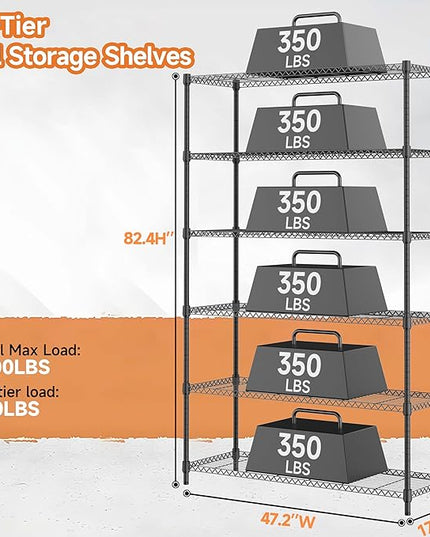 6 Tiers Storage Shelves Load 2100LBS, Metal Shelving Wire Metal Shelving Unit Shelves for Storage Adjustable Garage Shelving for Pantry Kitchen Garage Black 17.7" D x 47.3" W x 82.4" H