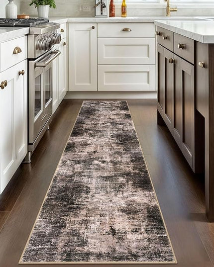 IOHOUZE Abstract Runner Rug 2x8 Ft Washable Runners for Hallways, Non Slip Kitchen Runner Printed Faux Wool Entryway Runner Indoor, Modern Abstract Floor Carpet for Hall Kitchen Bedroom, Brown/Rust