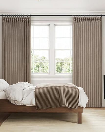 Pleat Dark Tan Ceiling Drapes 108 Inches Long 2 Panels Set for Living Room, Lush Decor Memory Shape Pinch Pleated Black Out Linen Blend Large Window Curtains Privacy with Hooks Rings for Office 9 FT