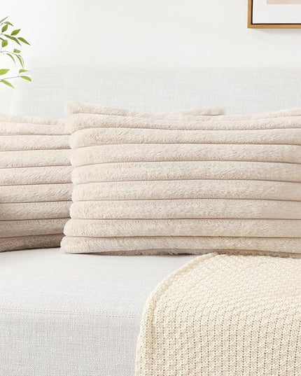 Pallene Faux Fur Plush Lumbar Throw Pillow Covers 12x20 Set of 2, Luxury Soft Fluffy Striped Decorative Pillow Covers for Sofa, Couch, Living Room, Apricot