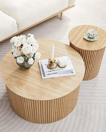 Fluted Round Nesting Coffee Table Set of 2, Mid Century Modern Wood Coffee Table and End Table Set, Minimalist Center Tables Circle Side Table for Living Room, Office(Natural)