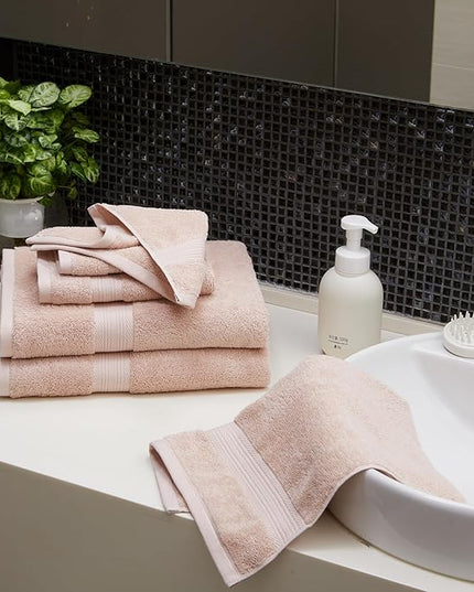 Amazon Basics Fade Resistant Bath, Hand and Washcloth Towel Set, 100% Cotton, Set of 6, 30 x 54 inches, Blush Pink