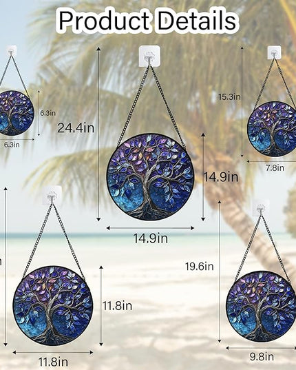 Stained Glass Window Hanging, Blue Purple Tree of Life Sun Catchers Colorful Glass Panel Plants Suncatcher Decor for Birthday for Women,Men,Wife, Lovers, and Mom 14.9x14.9 in
