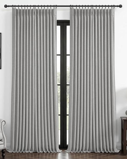 Pinch Pleated Light Grey 108 Inch Large Curtains for Patio Sliding Glass Doors, Extra Long Memory Trained Blackout Double Layer Thick Linen Insulated Sound Dampening Modern Windows Drapes Panels of 2