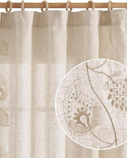 jinchan Linen Paisley Curtains 84 Inch Long for Bedroom Living Room, Embroidered French Country Farmhouse Drapes Back Tab, Light Filtering Cottagecore Boho Window Curtains, Ivory on Ecru, 2 Panels