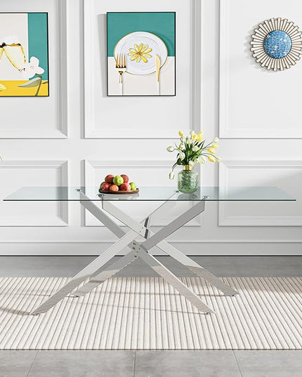 60" Rectangular Glass Dining Table Modern Kitchen Glass Top Table for 6 with Silver Metal Legs, Clear Dining Table Kitchen Table for Home Office Dining Room