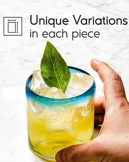 Aqua Blue Rim 8 oz DOF Rocks Glasses (set of 6) Mexican Handmade Glassware, Recycled Glass, Lead-free, Toxin-Free (DOF Rocks)