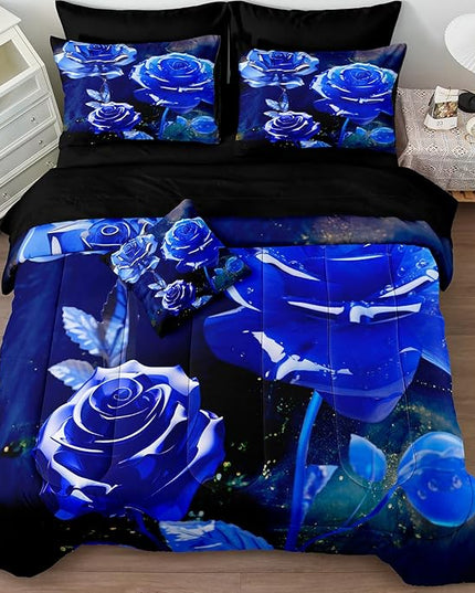 Merryword 8 Pcs Bed in a Bag Blue Rose Comforter Set King Size Rose Flower Bedding Set Romantic Love Valentine Bedding Comforter Set