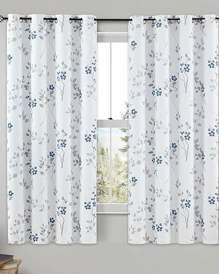 Beauoop Floral 100% Blackout Curtains 63 Inch Length 2 Panels for Bedroom Living Room Blue Grey and White Flower Patterned Room Darkening Thermal Soundproof Grommet Window Treatments Drapes, 52X63