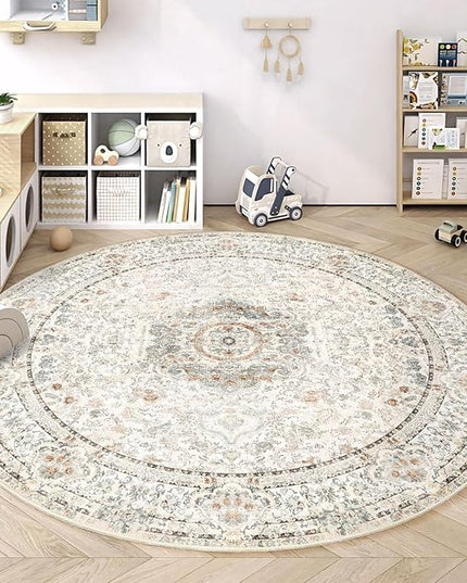 Round Rug 9ft,Large Boho Circle Area Rugs for Bedroom Living Room,Beige Washable Vintage Bohemian Distressed Oriental Floral Carpet Non Slip