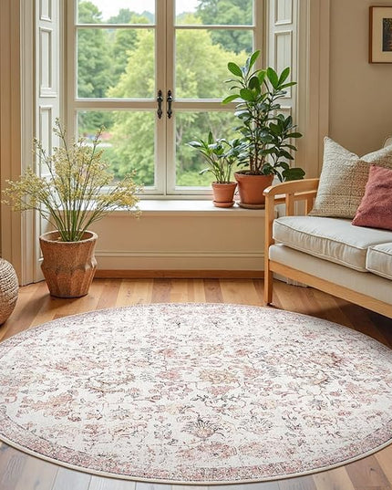jinchan Kalen Round Rug 6ft Area Rug Washable Vintage Indoor Retro Accent Floor Cover Distressed Floral 6' Round Circle Boho Non Slip Thin Carpet for Living Room Dining Room Bedroom Kitchen Red