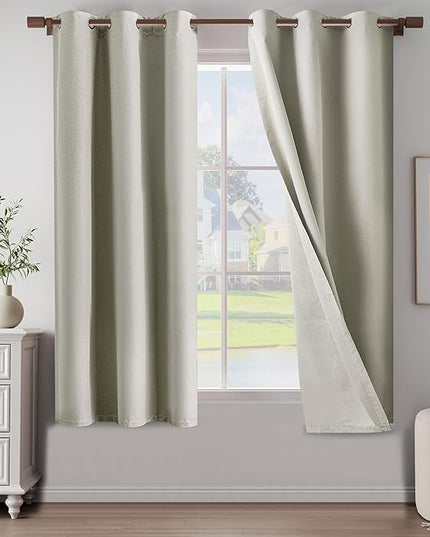 100% Blackout Linen Textured Curtains for Farmhouse, Cottage, Light Weight Curtains with Grommets Top, Full Blackout Curtains Privacy Protection, Natural Linen, 37" W x 64" L, 2 Panels
