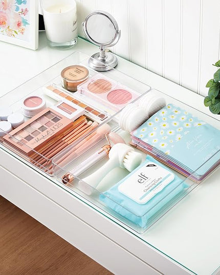 STORi SimpleSort 2-Piece Stackable Clear Drawer Organizer Set | 12" x 9" x 2" Rectangle Trays | Wide Makeup Vanity Storage Bins and Office Desk Drawer Dividers | Made in USA