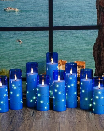 Flickering Flameless LED Candles,Battery Operated Candles 9 Pcs with Embedded Star String,Acrylic LED Pillar Candles with Remote,Suitable for Home Decoration to Create an Atmosphere (Blue)