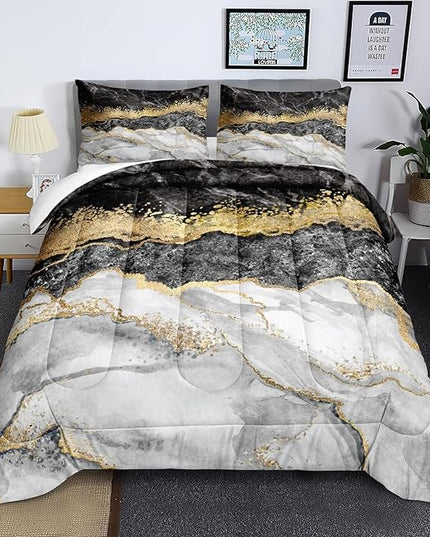 Bedbay Black and Gold Cal King Comforter Set with Sheet 8 Pieces Black Gold Marble Comforter California King Bedding Set Gold Metallic Marble Texture Modern Bed Set (Black Gold,Cal-King)