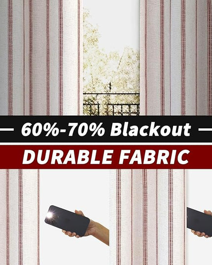 DriftAway Farmhouse Linen Blend Blackout Curtains 108 Inches Long for Bedroom Vertical Striped Printed Linen Curtains Thermal Insulated Lined Treatments for Living Room 2 Panels W52 x L108 Red